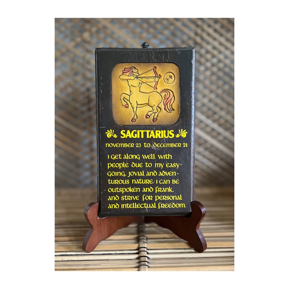 Vintage Sagittarius wood plaque sign Astrology sign 1970s boho decor